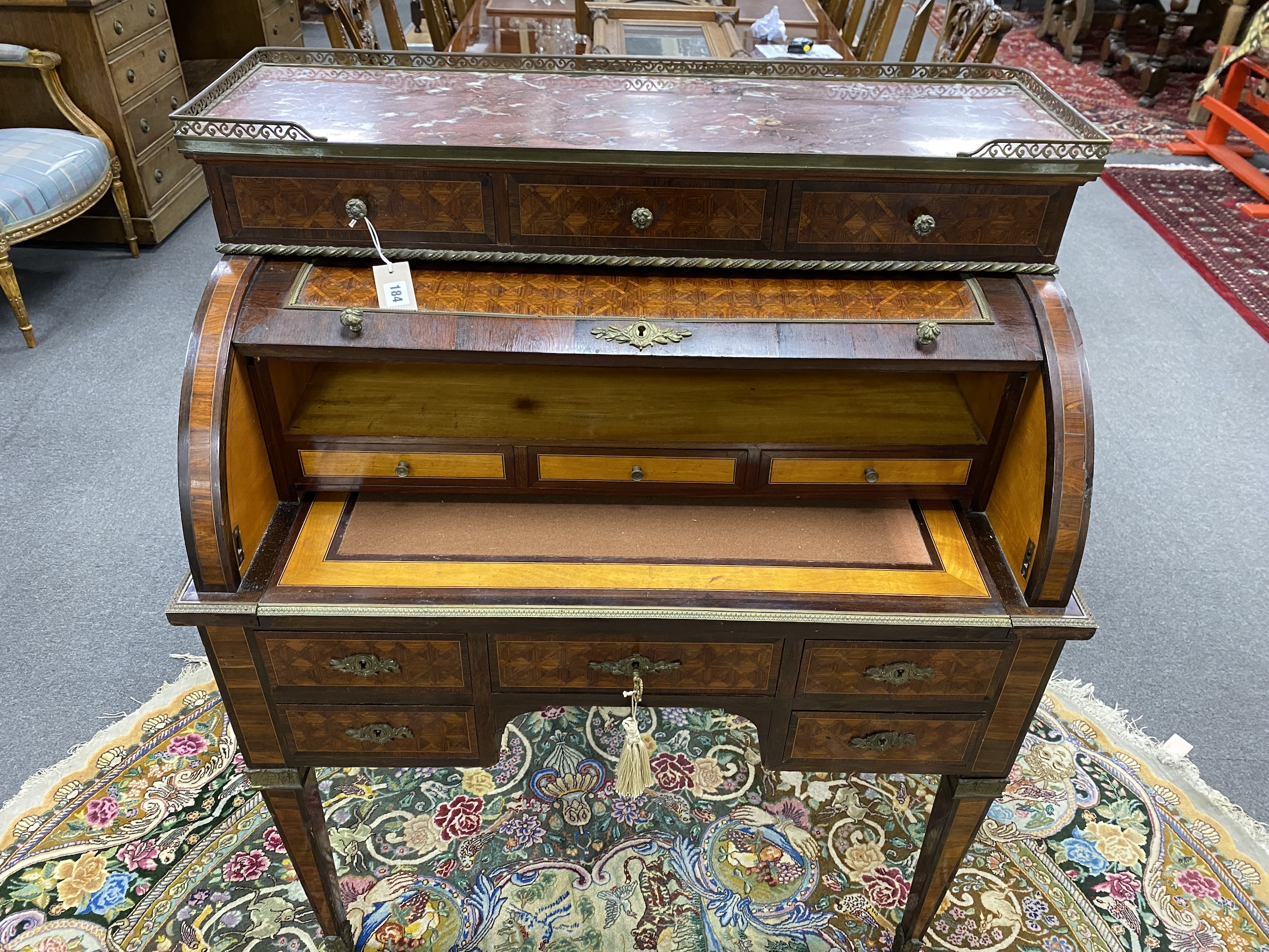 A French Louis XVI style marble topped cylinder bureau, width 89cm, depth 52cm, height 112cm